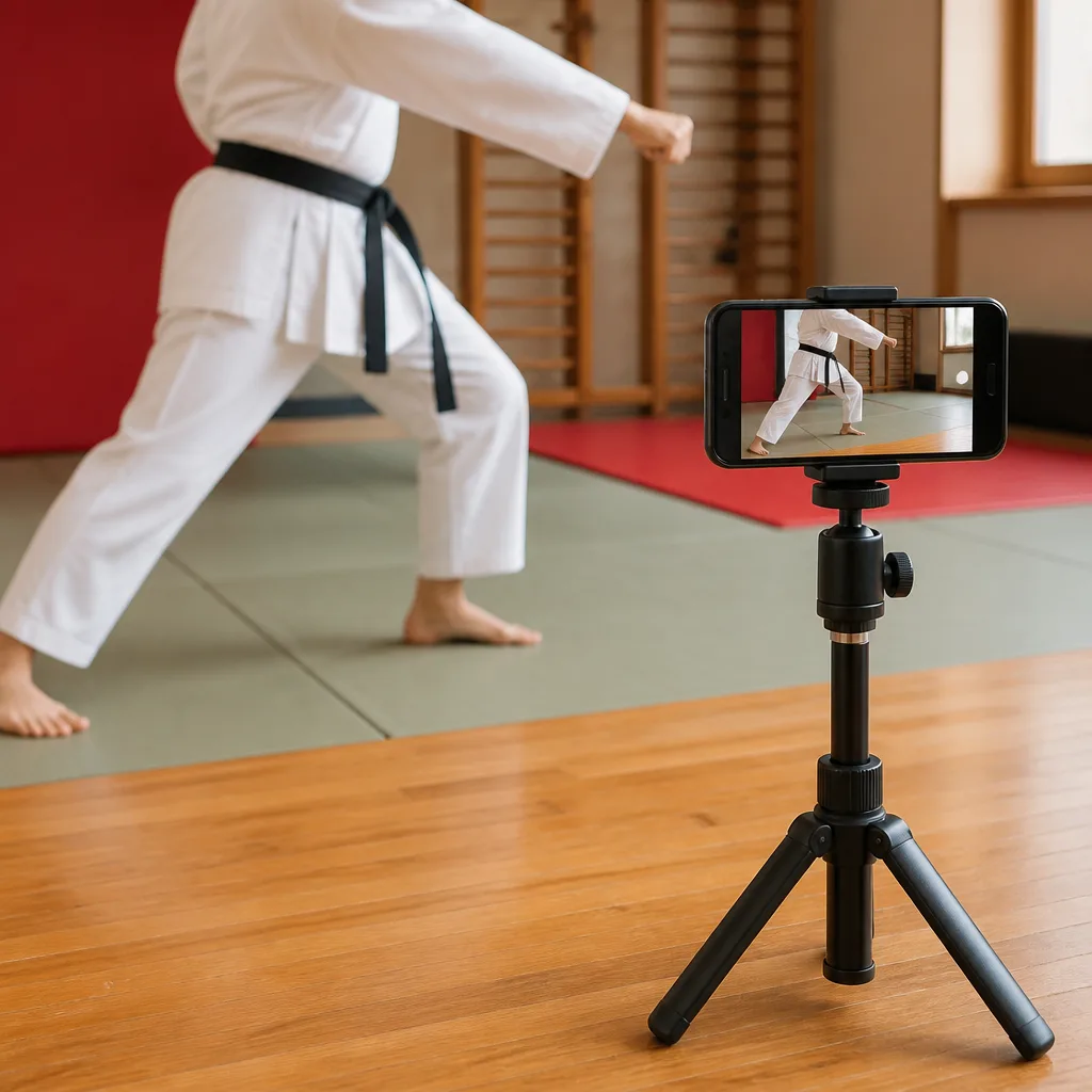 a smartphone propped on a stand recording a practitioner performing a kata