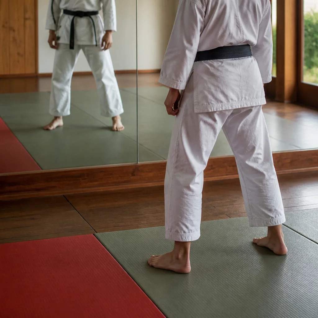 a practitioner checking stance alignment in front of a mirror