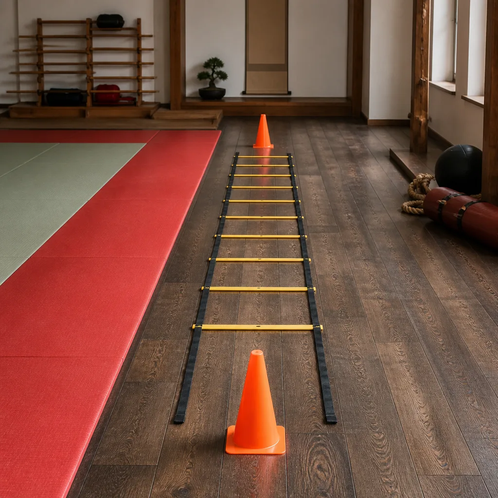 an agility ladder laid out on a training floor with cones at each end