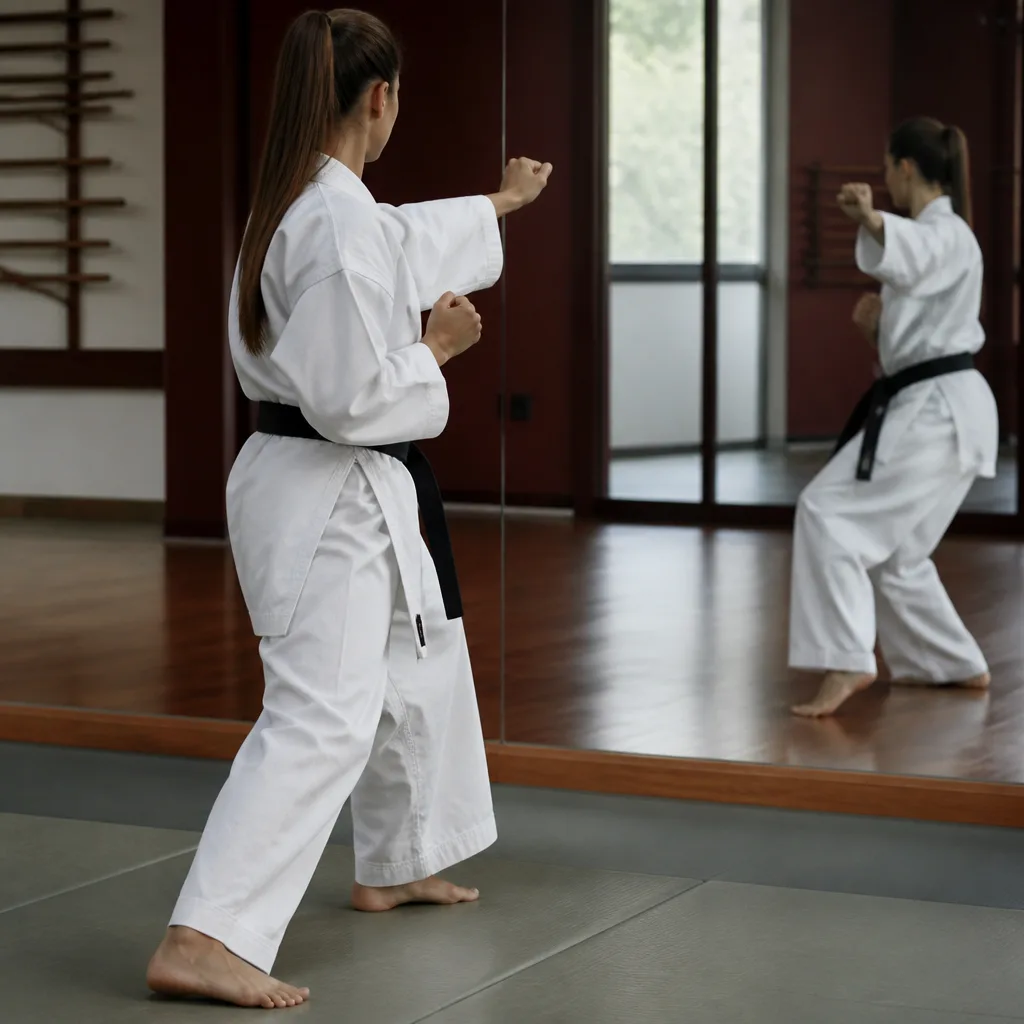 a practitioner shadow sparring against their own reflection in an empty training room
