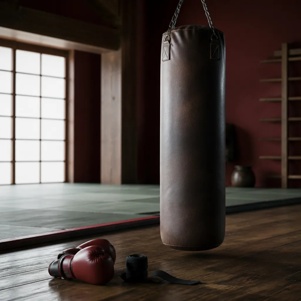 a heavy bag hanging in a training space with wraps and gloves nearby