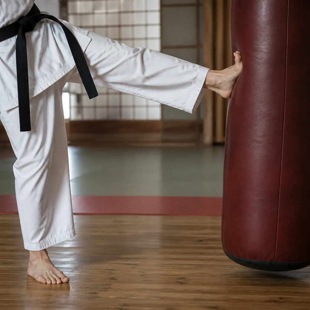 a heavy bag being kicked with a practitioner's leg extended, no faces visible