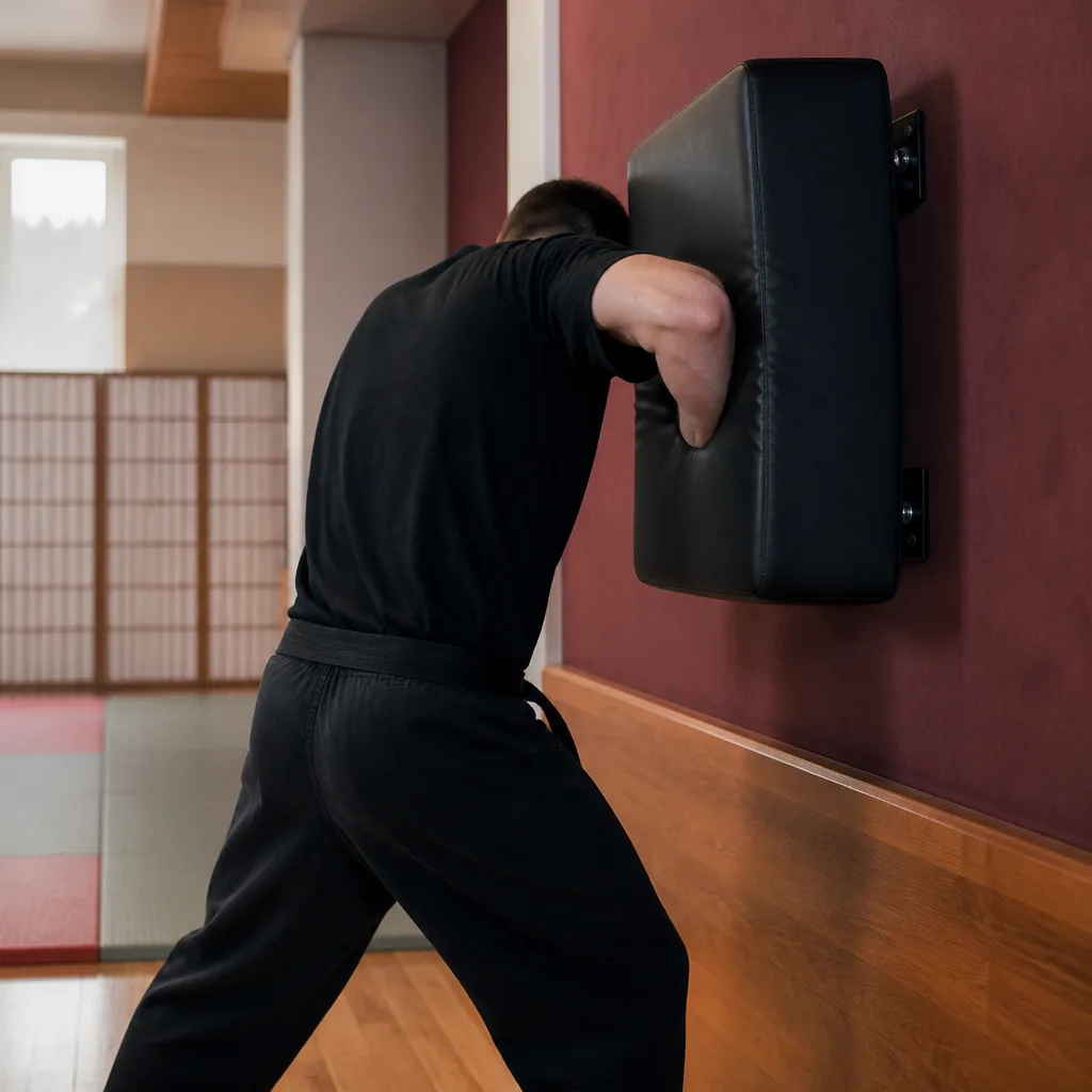 a wall mounted pad in a training room with a practitioner striking it with an elbow