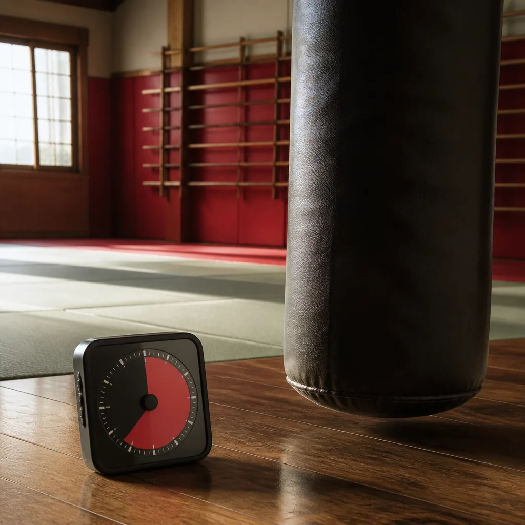a phone timer set up next to a heavy bag showing round and rest intervals