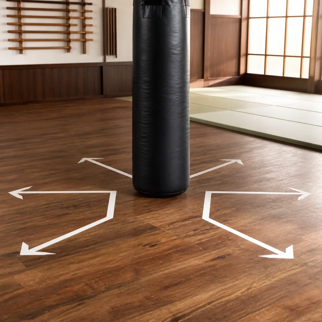 a heavy bag with floor markings showing angled footwork around it