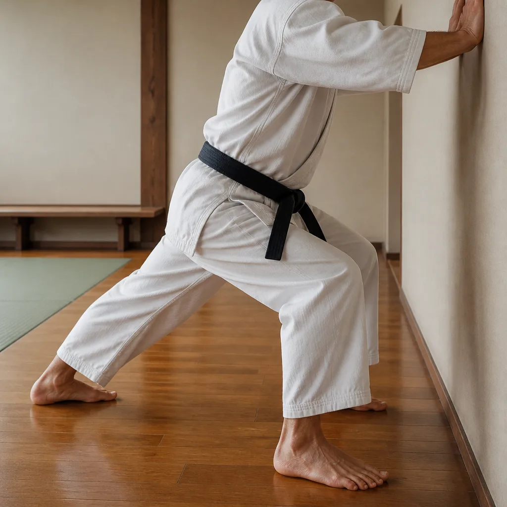 a practitioner holding a low stance against a wall in a training room