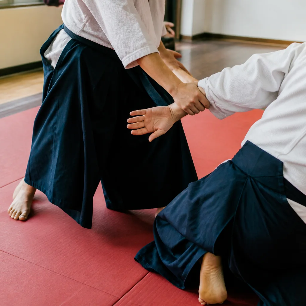 two training partners practicing a technique slowly on a mat, faces not visible