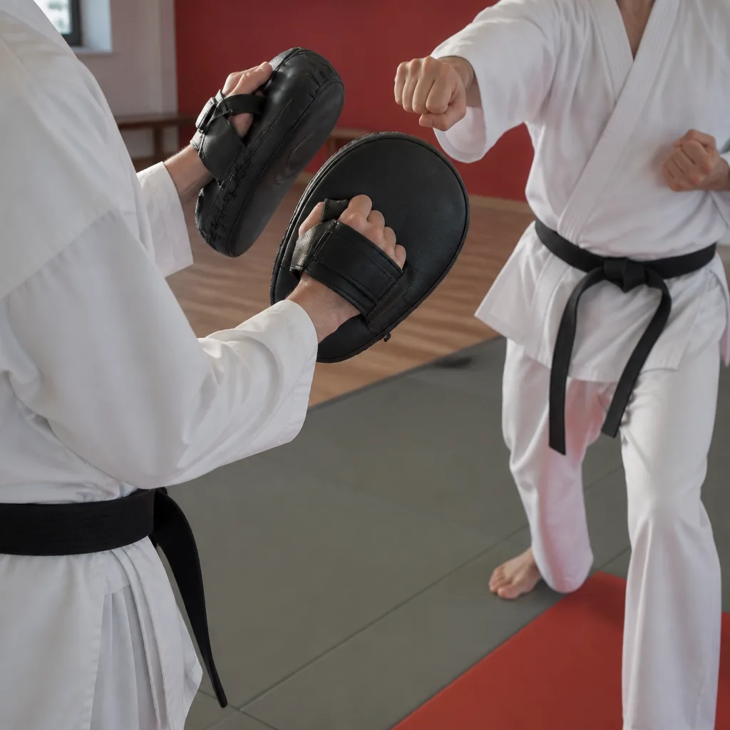a training partner holding focus mitts for another practitioner in a training room