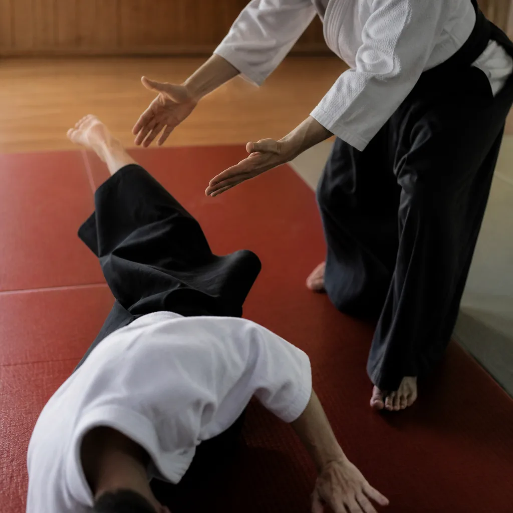 a training partner spotting another practitioner during a breakfall drill on a mat