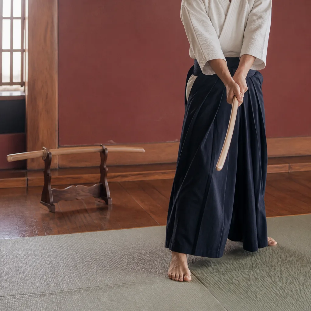 a wooden bokken resting on a stand beside a practitioner in a training space