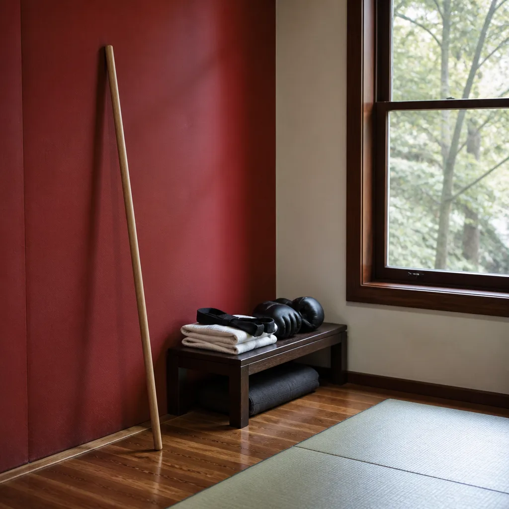 a jo staff leaning against a wall in a small home training corner