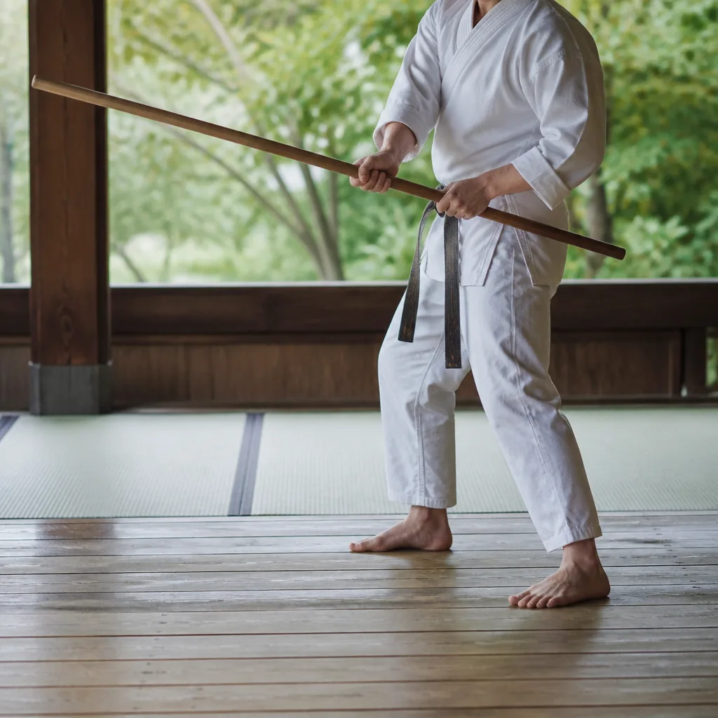 a bo staff being spun by a practitioner in an open outdoor training area