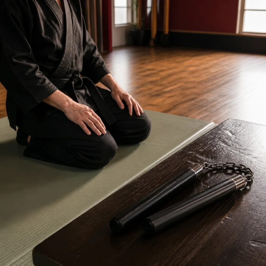 a pair of nunchaku resting on a table beside a practitioner in a training space