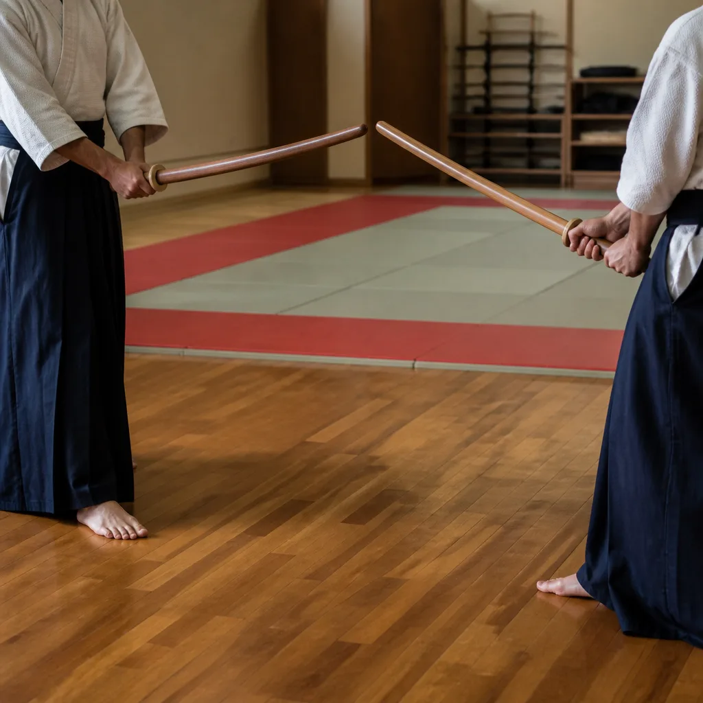 two practitioners facing each other with wooden bokken in a training space, faces not visible