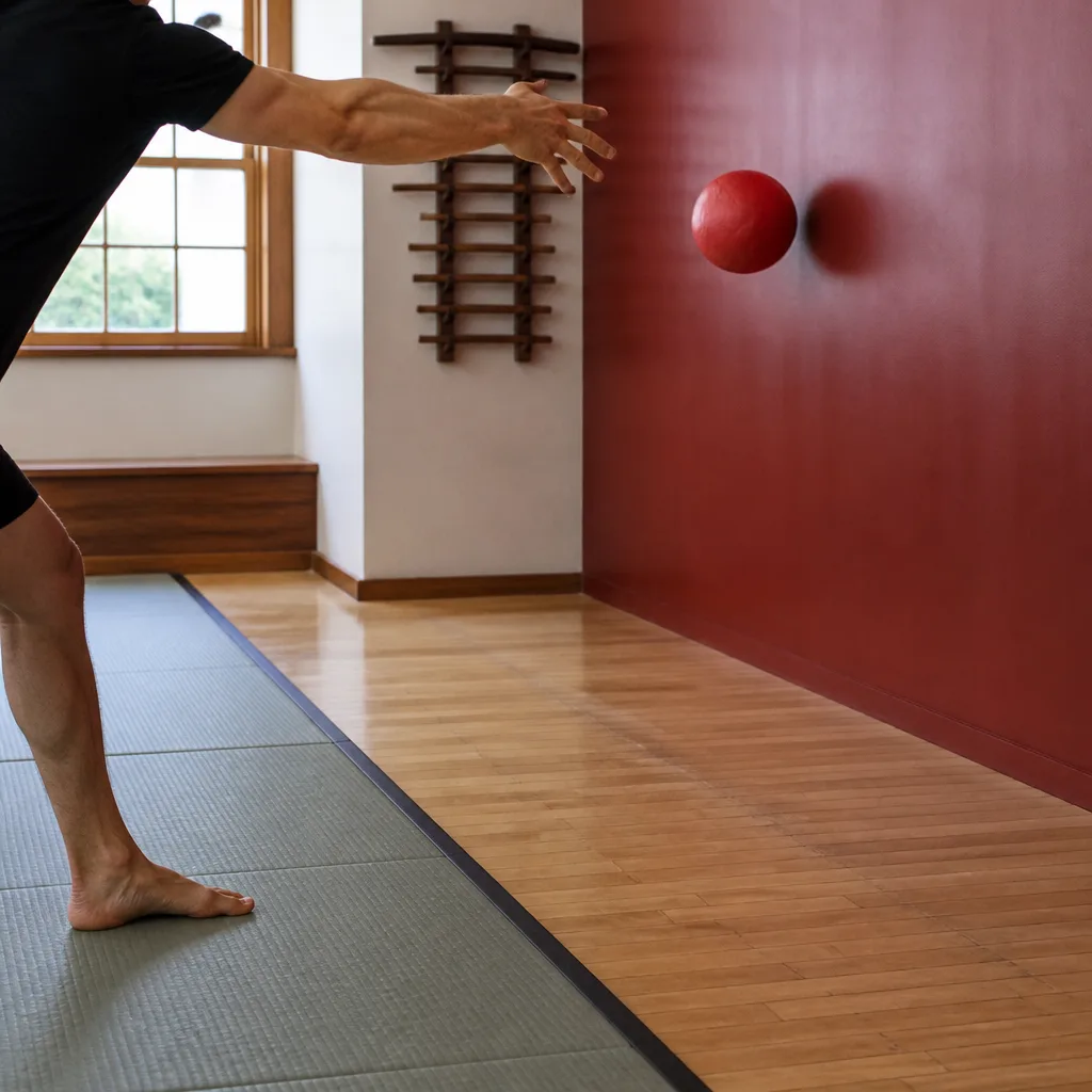 a light medicine ball being thrown against a wall in a training space