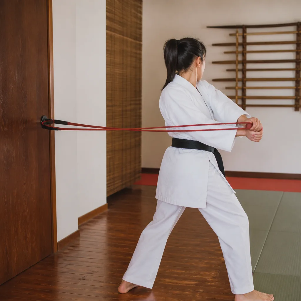 a resistance band anchored to a door with a practitioner performing a rotational pull
