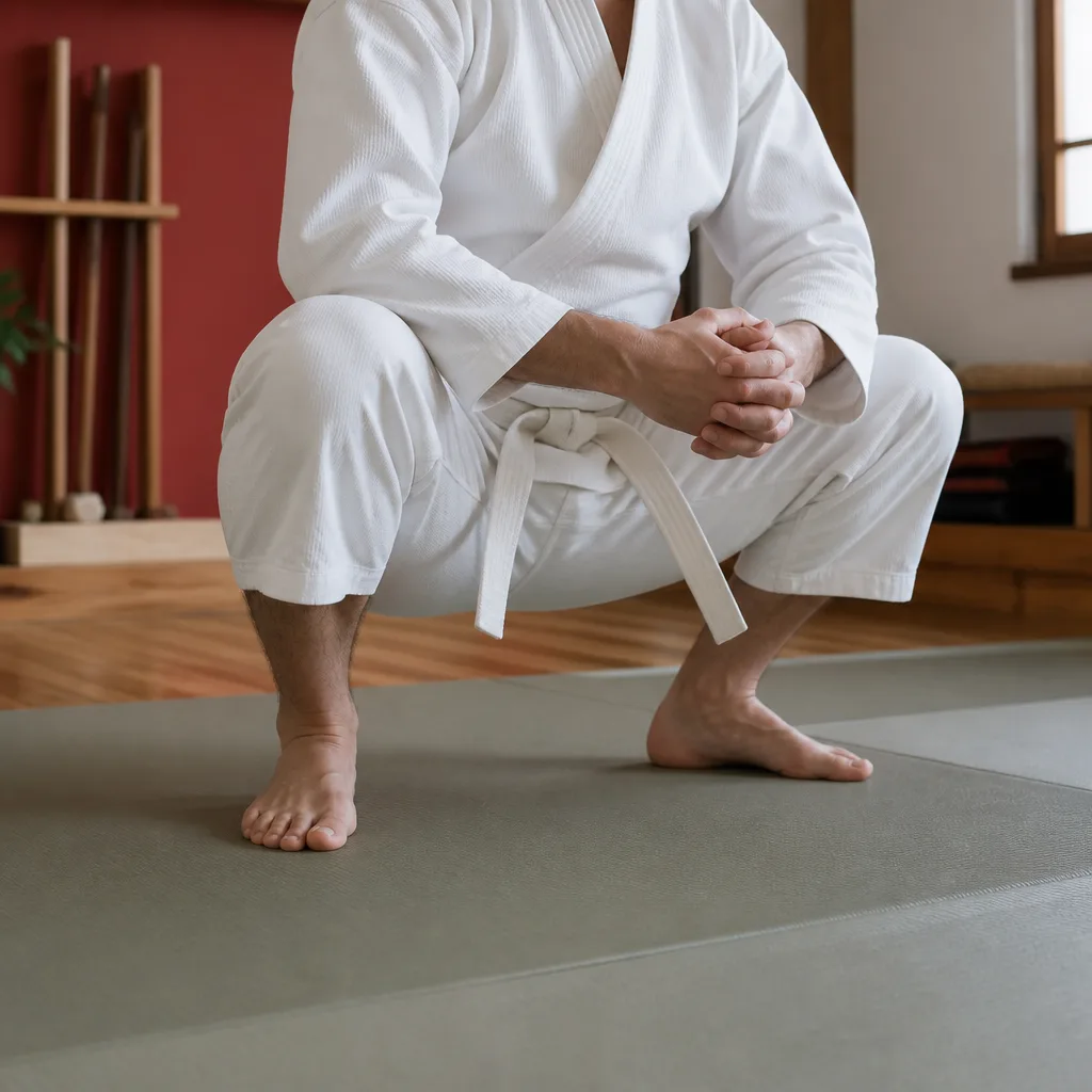 a practitioner holding a relaxed deep squat position on a mat