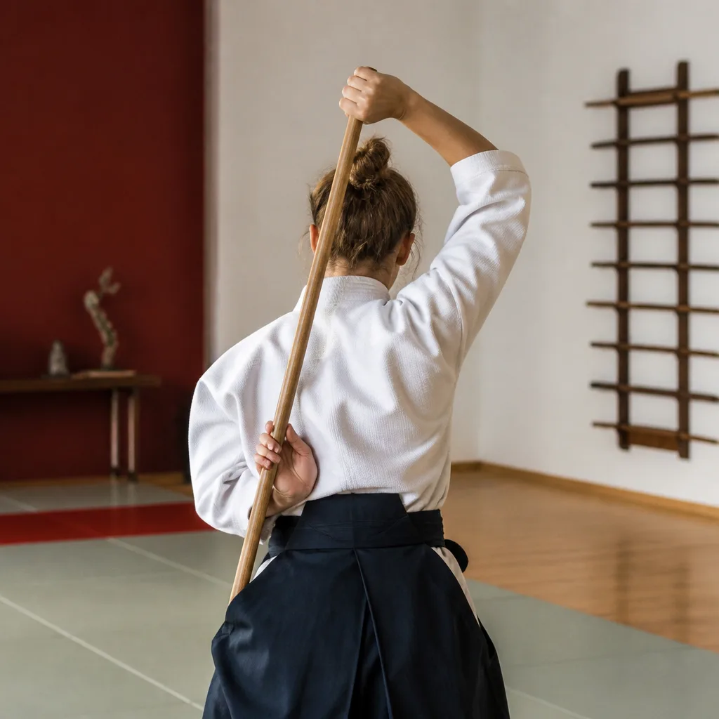 a practitioner performing an overhead rotation drill holding a short stick