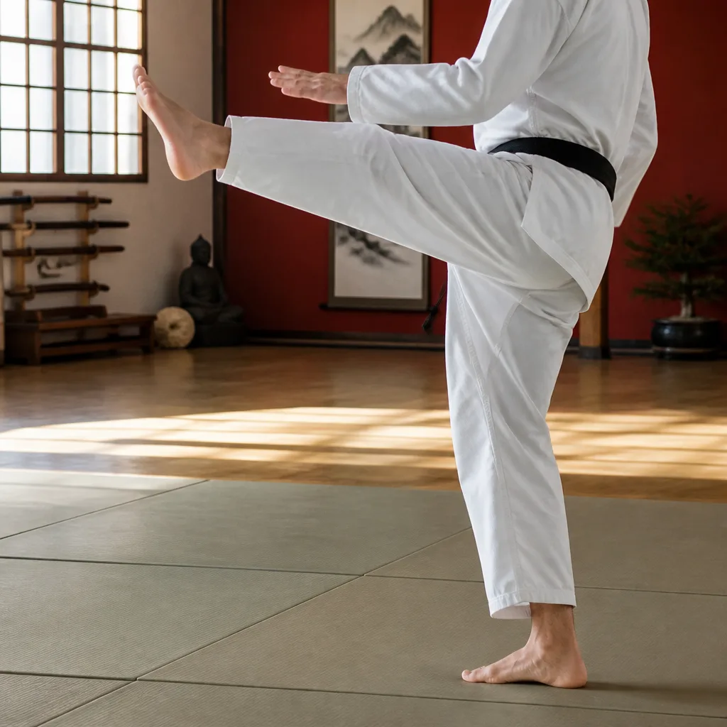 a practitioner performing a controlled leg swing in an open training space