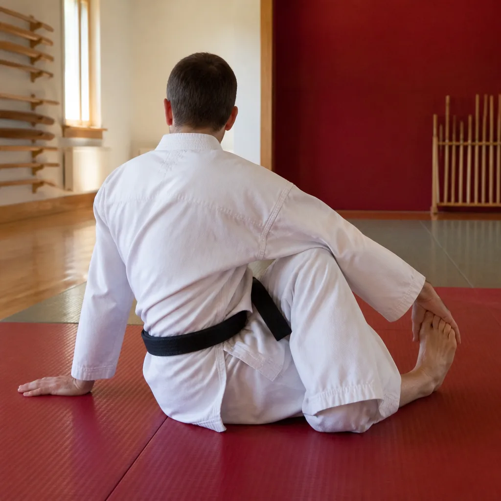a mat set up on the floor with a practitioner moving through a seated stretch
