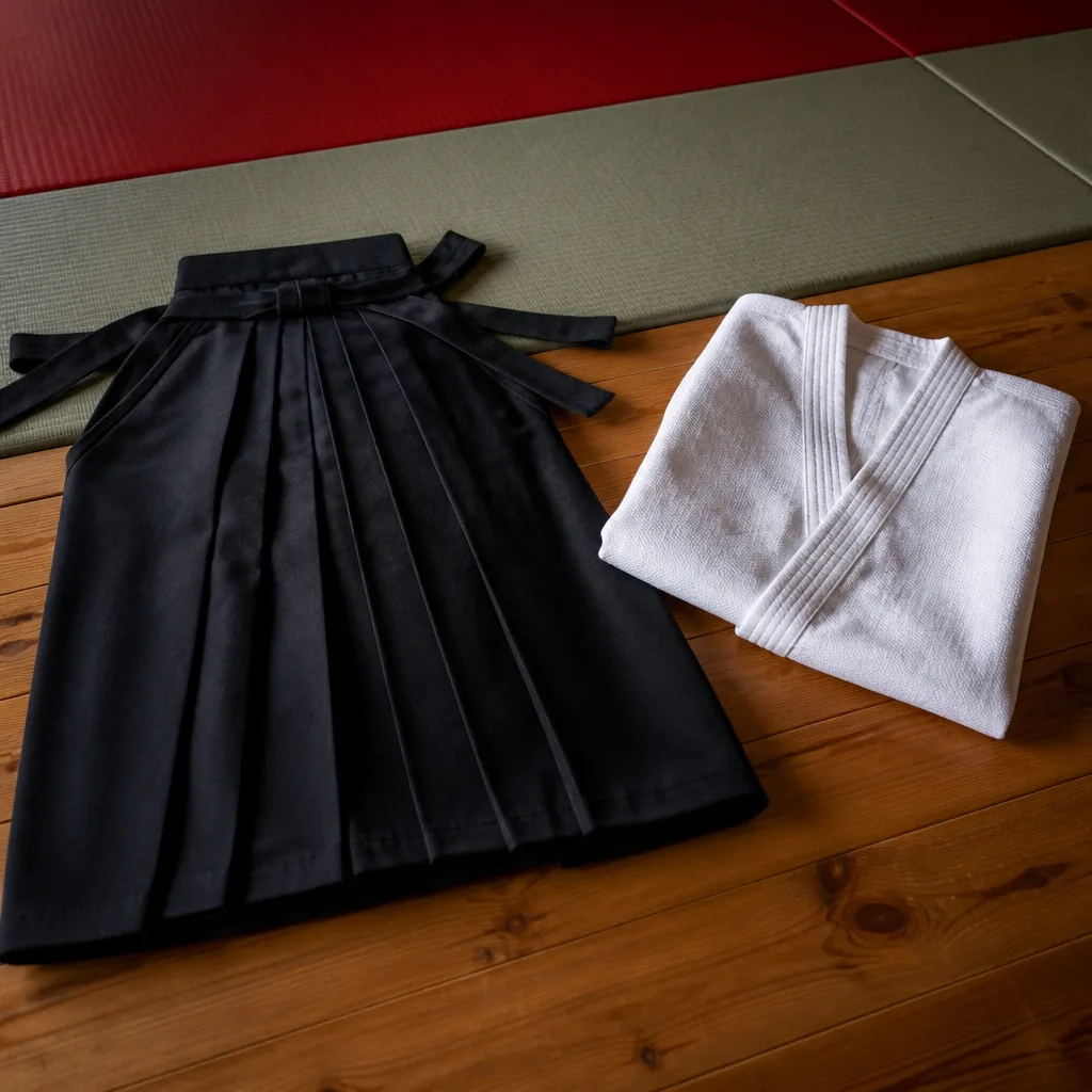 Pleated black hakama laid flat next to a folded white keikogi