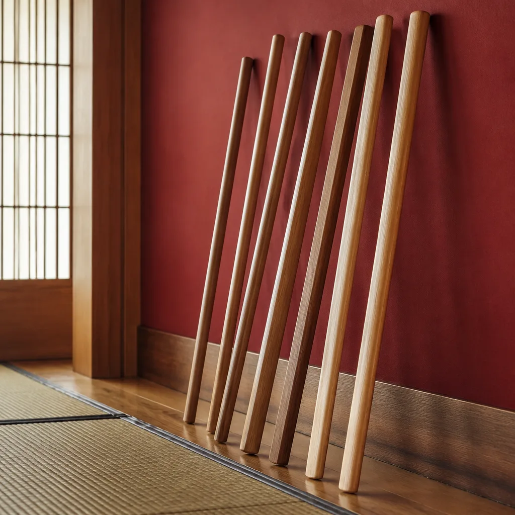 a row of wooden training weapons, bo staff, jo staff and bokken, leaning against a dojo wall