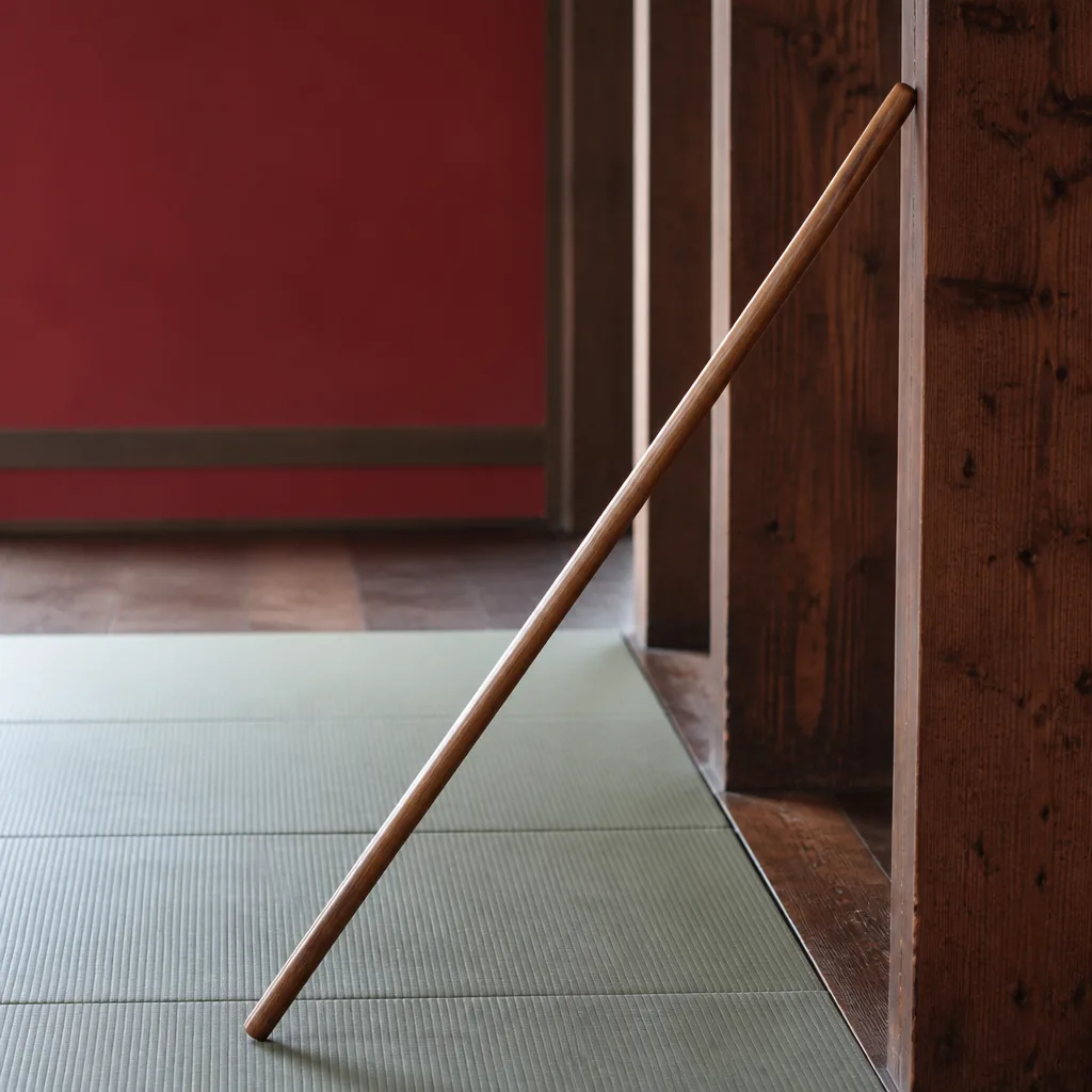 a wooden jo staff resting diagonally against a tatami covered floor