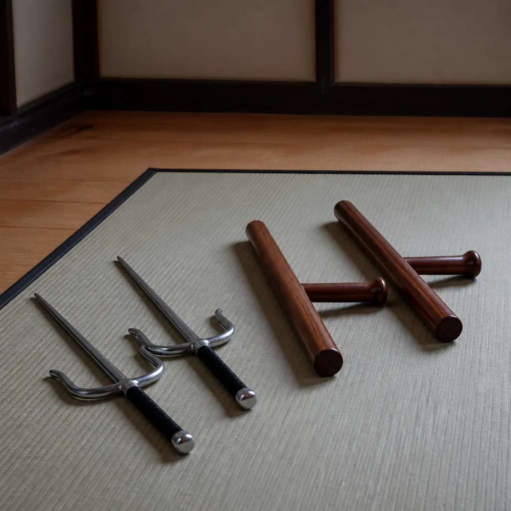 a pair of metal sai and a pair of wooden tonfa laid side by side on a mat