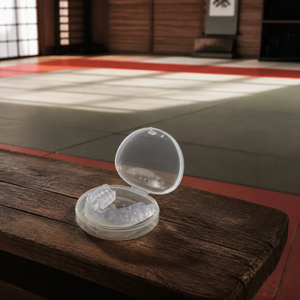 a mouthguard resting in its ventilated storage case on a table