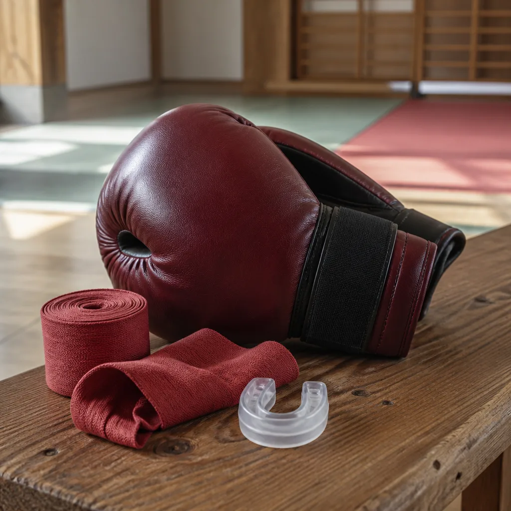 a mouthguard placed next to boxing gloves and hand wraps on a gym bench